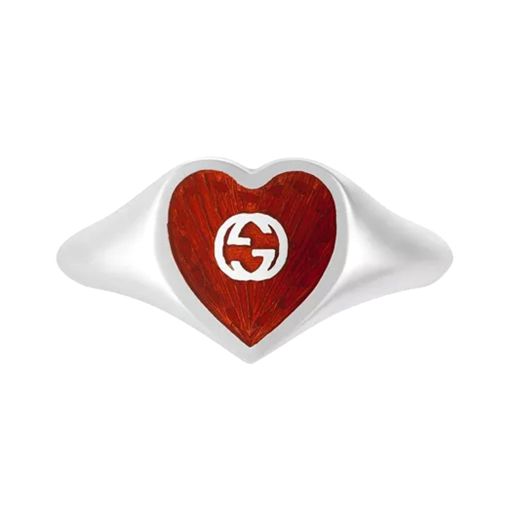 NEW Gucci Interlocking G Red Enamel Heart Ring Sterling Silver Sz 16 US 7.5
